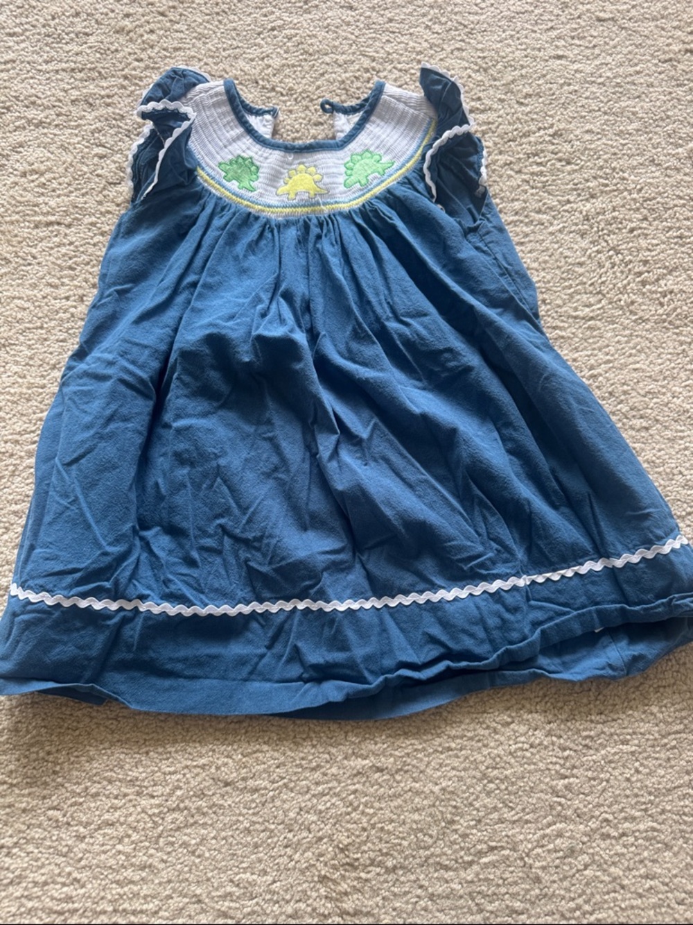Blue Smocked Toddler Dress with Dinosaur Motif